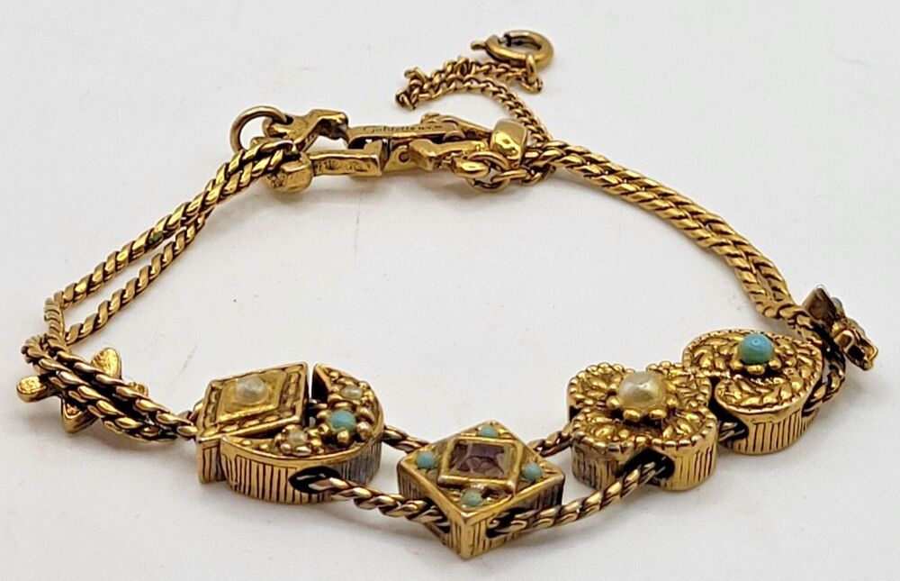 Goldette NY Signed Victorian Revival Slide Charm Bracelet Celestial Pearl Singed
